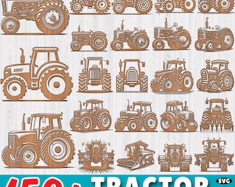 Könnte beinhalten: Eine Sammlung von über 150 Traktor-SVG-, PNG-, PDF- und DXF-Dateien zum Laserschneiden und Gravieren. Das Bild zeigt eine Vielzahl von Traktordesigns, darunter klassische und moderne Stile.