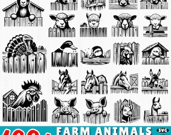 160+ Farm Animals Peeking SVG | Cow Pig Horse Chicken Goat DXF Bundle | Cute Farm Animal Faces Clipart | Cricut Cut Files for Crafters