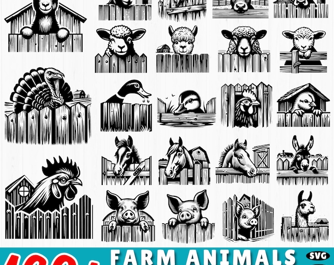 Farm Animals Clipart, Svg Files for Cricut, Pig Sheep Donkey Chicken ...