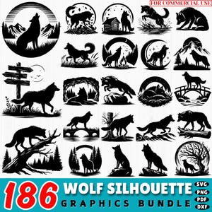 186 Wolf Silhouette SVG Bundle | Howling Wolf SVG Cut Files | Forest Wildlife Dxf Pack | Cricut Animal Clipart | Wolf SVG for Crafts