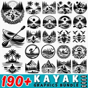 May include: A collection of 190+ kayak graphics in black and white. The images depict various kayaking scenes, including solo kayakers, groups, and scenic landscapes with mountains, trees, and palm trees. The text "KAYAK GRAPHICS BUNDLE" is included.