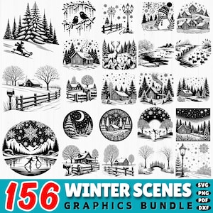 Puede incluir: Un paquete gráfico en blanco y negro con 156 escenas de invierno. Las ilustraciones incluyen paisajes nevados, cabañas, árboles y personas patinando sobre hielo. El texto "156 WINTER SCENES GRAPHICS BUNDLE" se muestra en la parte inferior.