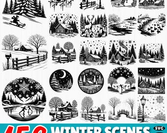 156 wintertaferelen SVG-bundel: besneeuwde landschap clipart, pijnbomen, cabine silhouetten (commercieel gebruik)