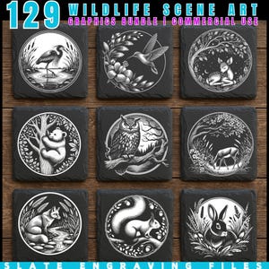 Könnte beinhalten: Eine Sammlung von neun quadratischen Schieferuntersetzern mit gravierten Wildtierszenen. Jeder Untersetzer zeigt ein anderes Tier, darunter ein Reiher, ein Kolibri, ein Reh, ein Bär, eine Eule, ein Fuchs, ein Eichhörnchen und ein Kaninchen, alle in kreisförmigen Rahmen.