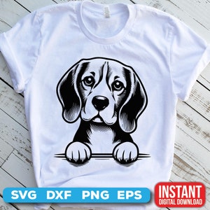 Puede incluir: Ilustración en blanco y negro de un perro Beagle asomándose por encima de una superficie. El perro tiene orejas grandes y caídas y una expresión dulce.