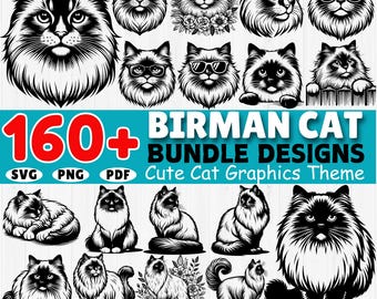 May include: A collection of 160+ black and white vector illustrations of Birman cats in various poses. The illustrations are perfect for crafting projects, digital designs, and more.