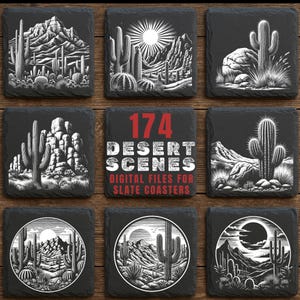 May include: Nine black slate coasters with white desert landscape designs. The coasters feature cacti, mountains, and suns. One coaster has the text "174 DESERT SCENES DIGITAL FILES FOR SLATE COASTERS" in red and white.