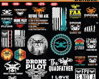 Könnte beinhalten: Ein digitales Design-Bundle mit 25 Designs zum Thema Drohnen. Enthält verschiedene Grafiken mit Text wie "Drone Pilot", "I'd Rather Be Flying" und "FPV Is Not a Crime". Verfügbar in SVG-, PNG-, EPS- und DXF-Formaten.