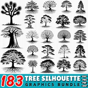 183 Tree Silhouettes SVG Bundle | Woodland Forest Trees DXF Cut Files | Nature Landscape Clipart for Cricut Silhouette | Commercial Use