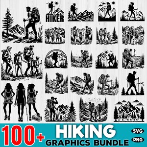 May include: A set of 100+ black and white hiking graphics in SVG and PNG format. The graphics feature hikers, mountains, trees, and other outdoor elements. The text "100+ Hiking Graphics Bundle" is at the bottom of the image.