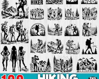 Könnte beinhalten: Ein Set mit über 100 Schwarzweiß-Grafiken zum Thema Wandern im SVG- und PNG-Format. Die Grafiken zeigen Wanderer, Berge, Bäume und andere Outdoor-Elemente. Der Text "100+ Hiking Graphics Bundle" befindet sich am unteren Rand des Bildes.