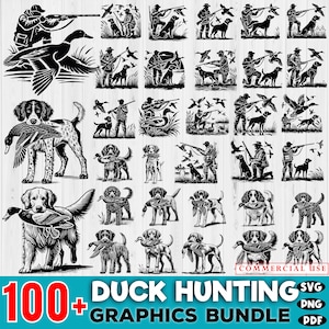 May include: A set of 100+ black and white vector illustrations of duck hunting scenes. The illustrations feature hunters, dogs, ducks, and other wildlife. The illustrations are perfect for use in a variety of projects, such as websites, social media, and print materials.  SVG, PNG, and PDF files included.