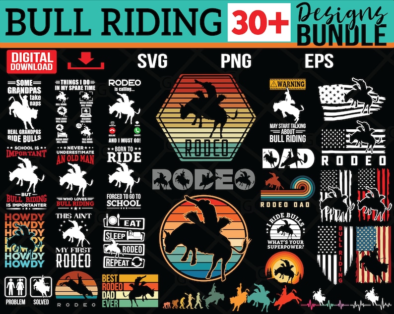 Pu&ograve; includere: Un pacchetto di download digitale di oltre 30 design SVG, PNG ed EPS con temi di rodeo e cowboy. I design includono testo come "Real Grandpas Ride Bulls", "School is Important", "Howdy", "Rodeo Dad" e "I Ride Bulls".