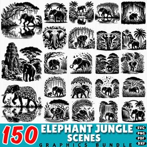 Può includere: Una collezione di 150 grafiche di scene della giungla con elefanti in bianco e nero. Le immagini raffigurano elefanti in vari ambienti, tra cui vicino all'acqua, cascate e tra gli alberi. Il testo "150 Elephant Jungle Scenes Graphics Bundle" è visibile.