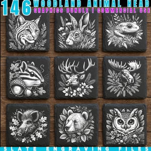 146 Woodland Wildlife Heads PNG Bundle | Deer Bear Wolf Fox Slate Engraving Files | Hunting Animal Silhouette Clipart | Rustic Sublimation