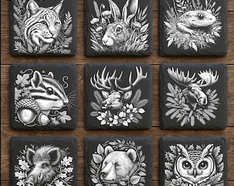 Woodland Wildlife Heads PNG Bundle: Slate Engraving Files (Digital Download)