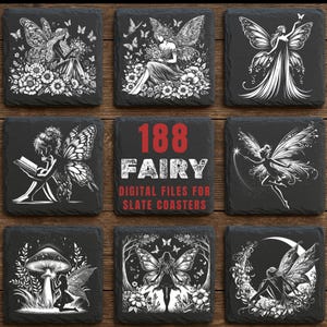 Puede incluir: Nueve posavasos cuadrados de pizarra con diseños de hadas en blanco y negro. Los diseños incluyen hadas con alas de mariposa, flores y el texto "188 FAIRY DIGITAL FILES FOR SLATE COASTERS".