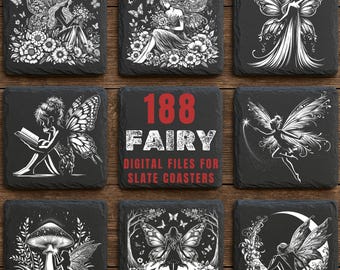 Könnte beinhalten: Neun quadratische Schieferuntersetzer mit Feenmotiven in Schwarz und Weiß. Die Designs zeigen Feen mit Schmetterlingsflügeln, Blumen und den Text "188 FAIRY DIGITAL FILES FOR SLATE COASTERS".