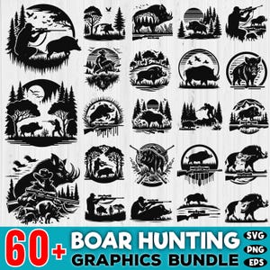 May include: A set of 60+ black and white boar hunting graphics in a variety of poses and settings. The graphics are perfect for use in digital or print projects.  The graphics are available in SVG, PNG, and EPS formats.