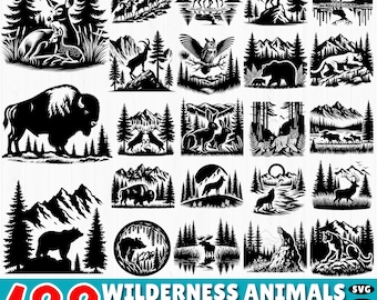 Könnte beinhalten: Eine Sammlung von 188 Wildtier-Szenen in Schwarzweiß. Das Grafikpaket enthält Illustrationen von Hirschen, Bären, Wölfen, Eulen und anderen Wildtieren mit Berg- und Waldhintergründen. Der Text "WILDERNESS ANIMALS SCENES GRAPHICS BUNDLE" ist ebenfalls enthalten.