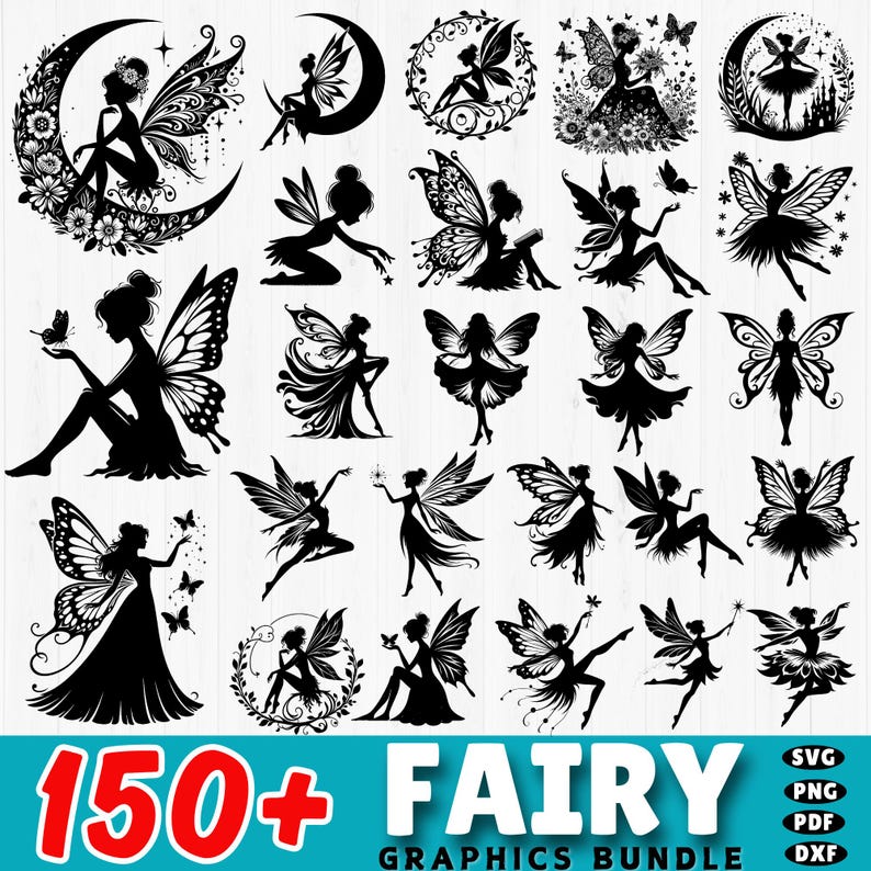 May include: A digital download of 150+ fairy graphics in black and white. The graphics feature fairies with wings, flowers, and other whimsical elements. The graphics are perfect for crafting, scrapbooking, and other creative projects.