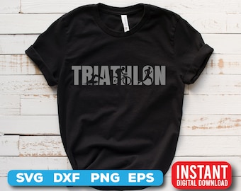 May include: Black t-shirt with the word "TRIATHLON" in white text. The word is made up of silhouettes of a swimmer, cyclist, and runner.