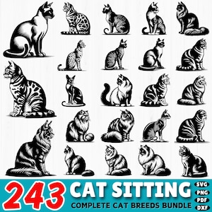Op de afbeelding: Een digitale illustratie met 243 zwart-witte katten in verschillende poses. De afbeelding bevat verschillende kattenrassen, met de tekst "243 CAT SITTING COMPLETE CAT BREEDS BUNDLE" onderaan. Beschikbare bestandsformaten: SVG, PNG, PDF en DXF.