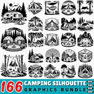 166 Camping Silhouette SVG Bundle | Outdoor Adventure DXF Cut Files | Tent Campfire Woods Clipart for Cricut | Hiking SVG Commercial Use