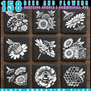 May include: Nine black slate coasters with engraved bee and flower designs. The coasters feature detailed illustrations of bees, sunflowers, and daisies. Text at the top reads "158 BEES AND FLOWERS GRAPHICS BUNDLE I COMMERCIAL USE".