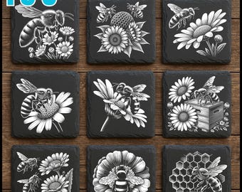 158 archivos de grabado en pizarra de abejas y flores: paquete PNG de abejas florales para diseños de grabado / uso comercial