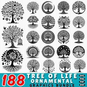 Könnte beinhalten: Eine Sammlung von 20 schwarz-weißen Ziergrafiken zum Thema Lebensbaum. Das Bild enthält verschiedene Baumdesigns, einige mit Herzen, Vögeln und anderen dekorativen Elementen. Der Text "188 TREE OF LIFE ORNAMENTAL GRAPHICS BUNDLE" wird unten angezeigt.