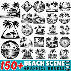 150+ Beach Scene Svg | Ocean Sunset Dxf Bundle | Tropical Summer Cricut Files | Palm Tree Coastal Clipart | Commercial Use