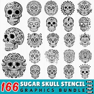 166 Sugar Skull Stencil SVG | Day of the Dead Cut Files | Calavera Stencil DXF Bundle | Halloween Skull SVG for Cricut | Commercial Use