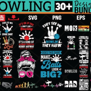 Bowling BUNDEL SVG - 30+ Bowling Designs-bundel en 5 Bowling vrouwelijke ontwerpen, svg, eps, png voor shirtontwerpen - digitale download