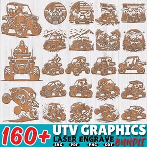 Op de afbeelding: Een verzameling van meer dan 160 UTV-afbeeldingen voor lasergraveren. De afbeeldingen tonen verschillende UTV-ontwerpen, waaronder side-by-side voertuigen, berglandschappen en Amerikaanse vlaggen. De afbeeldingen zijn beschikbaar in de formaten SVG, PDF, PNG en DXF.