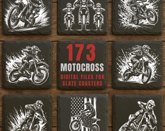 Könnte beinhalten: Neun schwarze Schieferuntersetzer mit weißen Motocross-Grafiken. Der mittlere Untersetzer trägt die Aufschrift "173 MOTOCROSS DIGITAL FILES FOR SLATE COASTERS" in Rot und Weiß. Weitere Untersetzer zeigen Motocross-Fahrer und -Motorräder.