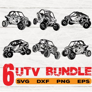 Può includere: Un set di sei immagini in silhouette in bianco e nero di veicoli fuoristrada. Le immagini sono in un bundle e sono disponibili nei formati SVG, DXF, PNG ed EPS.  6 UTV Bundle SVG DXF PNG EPS
