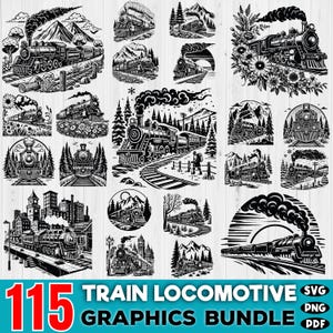 Puede incluir: Un paquete de descarga digital de 115 gráficos de locomotoras de tren en blanco y negro. Los gráficos están en formatos SVG, PNG y PDF. Los gráficos presentan varios estilos de trenes, incluidas máquinas de vapor, locomotoras diésel y trenes eléctricos.