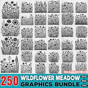 Lot de 250 SVG Prairie de fleurs sauvages | Lot floral SVG | Fichiers Cricut | Clipart fleurs sauvages à usage commercial
