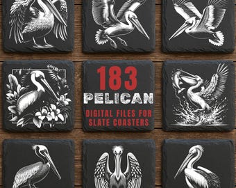 Könnte beinhalten: Neun quadratische Schieferuntersetzer mit weißen Pelikan-Illustrationen. Die Untersetzer zeigen verschiedene Pelikan-Designs, darunter fliegend, stehend und sitzend. Ein Untersetzer hat den Text "183 PELICAN DIGITAL FILES FOR SLATE COASTERS" in Rot und Weiß.