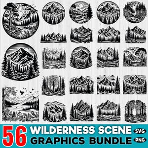 56 Wilderness Scene Bundle, Mountains Svg, Forest Scene Svg, Landscape Svg, Adventure SVG, Nature Scene Svg, Pine Tree Svg, Digital Download