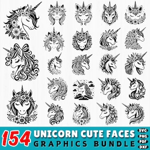 154 Unicorn Face SVG Bundle | Cute Unicorn Face Clipart | Kawaii Unicorn SVG for Cricut | Dxf PNG Files for Girls Crafts & Party Decor