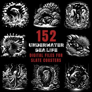May include: Black and white digital art featuring various underwater sea life illustrations. The image includes a dolphin, crab, seahorses, lionfish, octopus, jellyfish, and fish. Text reads "152 Underwater Sea Life Digital Files for Slate Coasters."