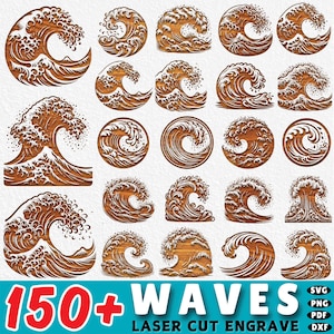 Pode incluir: Uma coleção de designs de ondas gravadas a laser em várias formas e estilos. As ondas são renderizadas em uma textura de grão de madeira, com detalhes de espuma branca. A imagem inclui o texto "150+ WAVES" em vermelho e "LASER CUT ENGRAVE" em azul.