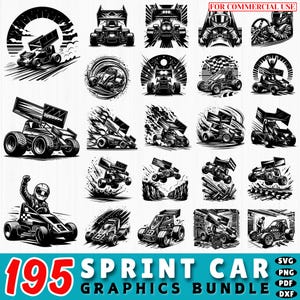 195 Sprint Car SVG Bundle | Dirt Track Racing Dxf Files | Race Car Clipart for Cricut | Sprint Car Silhouette PNG | Motorsports SVG Set