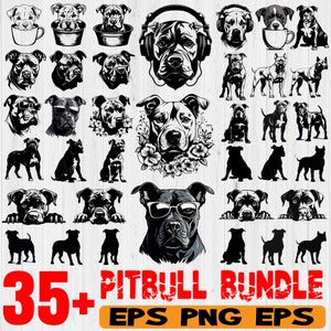 May include: A digital download bundle of 35+ black and white illustrations of pit bull dogs in various poses. The illustrations include pit bulls wearing sunglasses, headphones, and flowers. The text "35+ Pitbull Bundle EPS PNG EPS" is at the bottom of the image.
