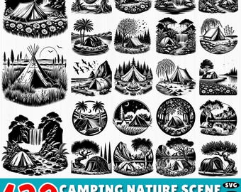 132 Camping Nature Scene SVG Bundle: Outdoor Landscape Clipart, Tent Trees Campfire (Commercial Use)