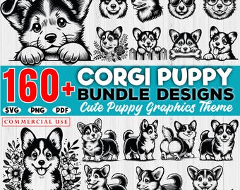Könnte beinhalten: Ein digitaler Download von über 160 Schwarzweißillustrationen von Corgi-Welpen in verschiedenen Posen. Der Text "160+ Corgi Puppy Bundle Designs" und "Cute Puppy Graphics Theme" wird auf blauem Hintergrund angezeigt. Der Text "SVG PNG PDF Commercial Use" wird auf weißem Hintergrund angezeigt.