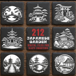 Puede incluir: Nueve posavasos cuadrados de pizarra con diseños de jardín japonés. Cada posavasos presenta un fondo negro con ilustraciones blancas de pagodas, puentes y árboles. Un posavasos tiene el texto "212 Japanese Garden Digital Files for Slate Coasters."