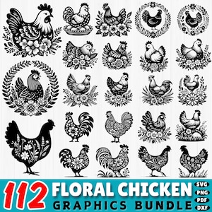 112 Floral chicken svg bundle | hen & rooster flower cut files | cricut svg dxf png pdf designs | farmhouse craft art | commercial use image 1